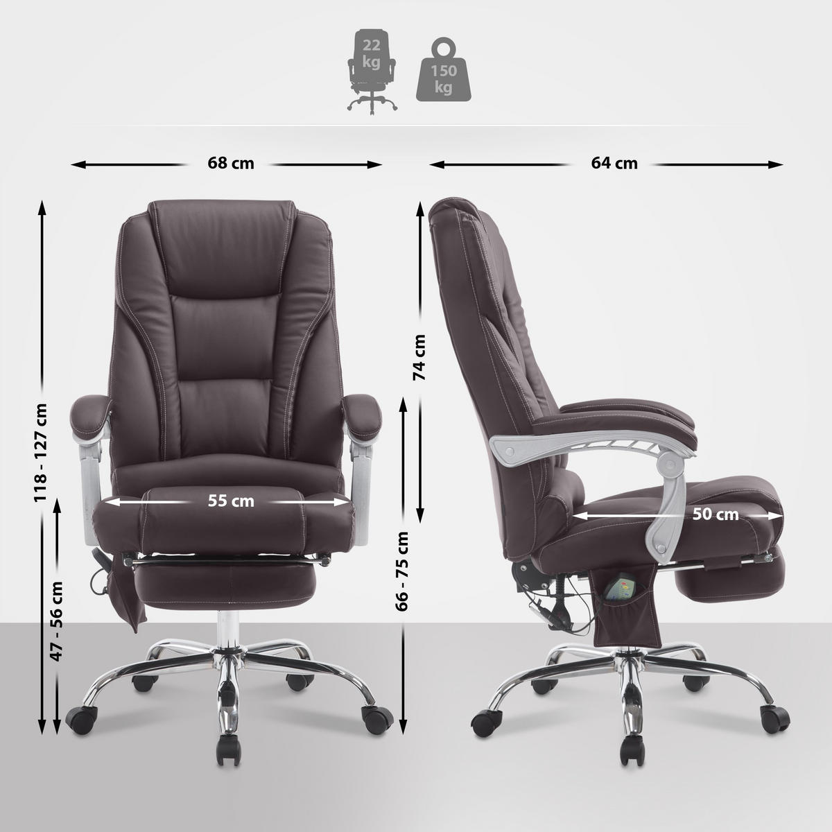CHEFSESSEL Lederlook braun - Chromfarben/Braun, Textil/Metall (68/118/64cm) - CLP