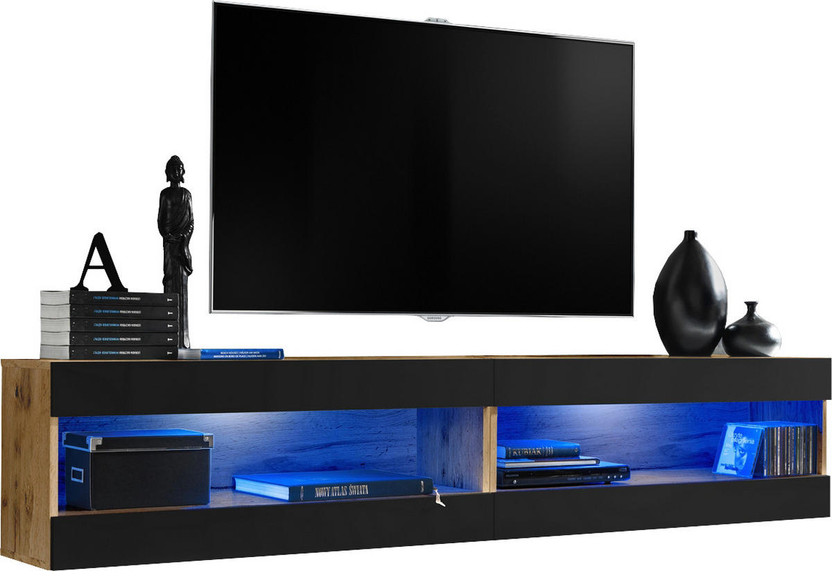 2-ER Set, Wohnwand TIVOLI SET4+BLU Offener Raum Wotan + Schwarz - Schwarz/Weiß, Glas/Holzwerkstoff (200/41/35cm) - Komodee