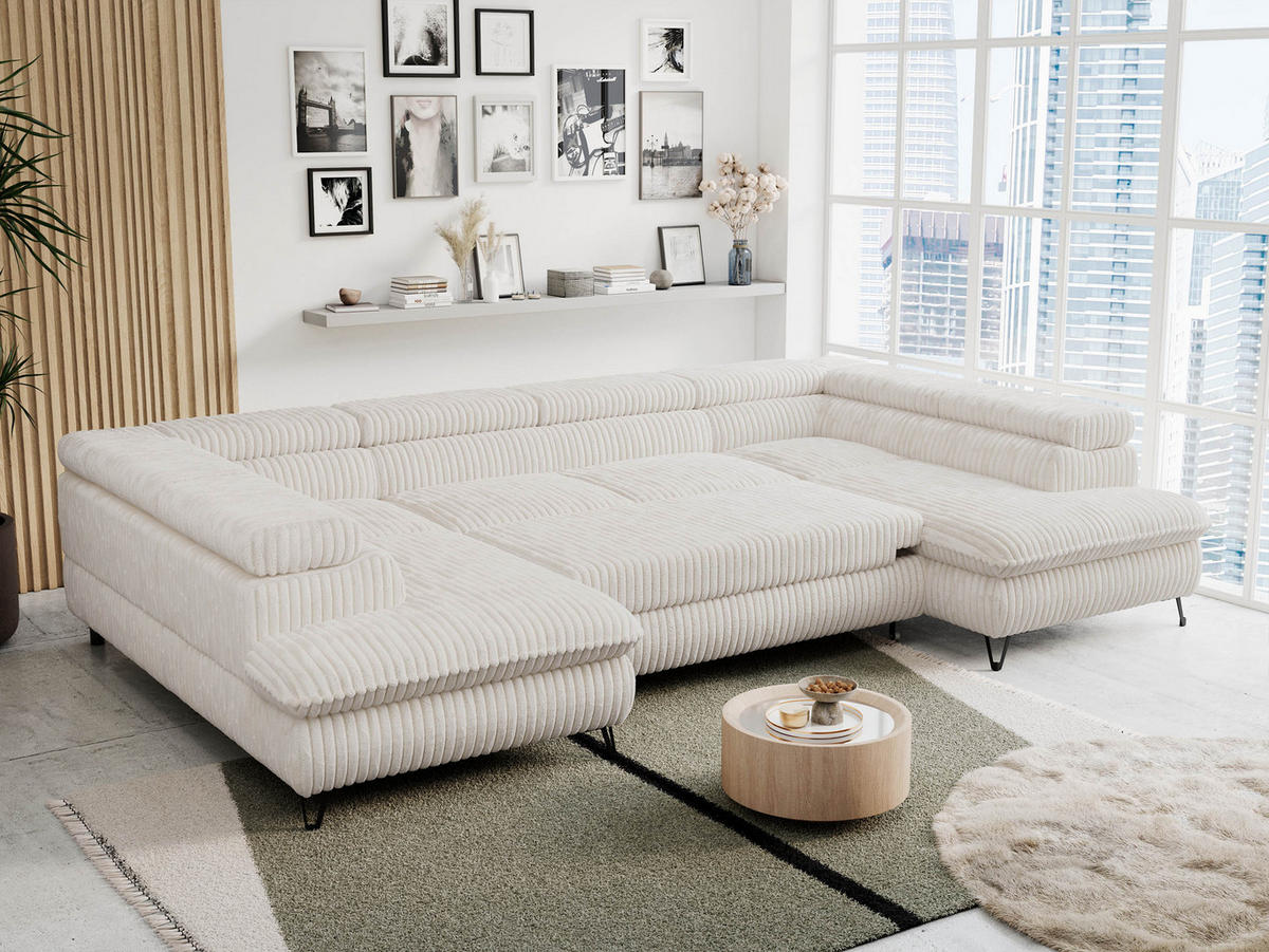 WOHNLANDSCHAFT PETER U Cord Creme - Creme/Schwarz, Textil/Metall (346/76/208cm) - MKS