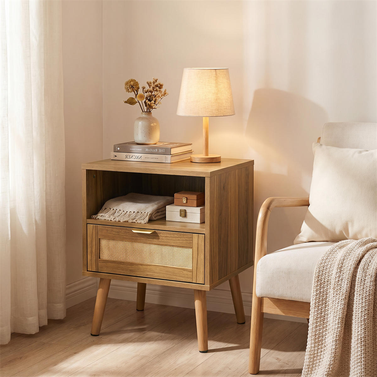 NACHTTISCH aus Rattan in Walnussoptik mit Goldgriff - offenem Regal und 1 Schublade - 45 x 40 x 55 cm - Walnussfarben, Holzwerkstoff (45/55/40cm) - DELFA