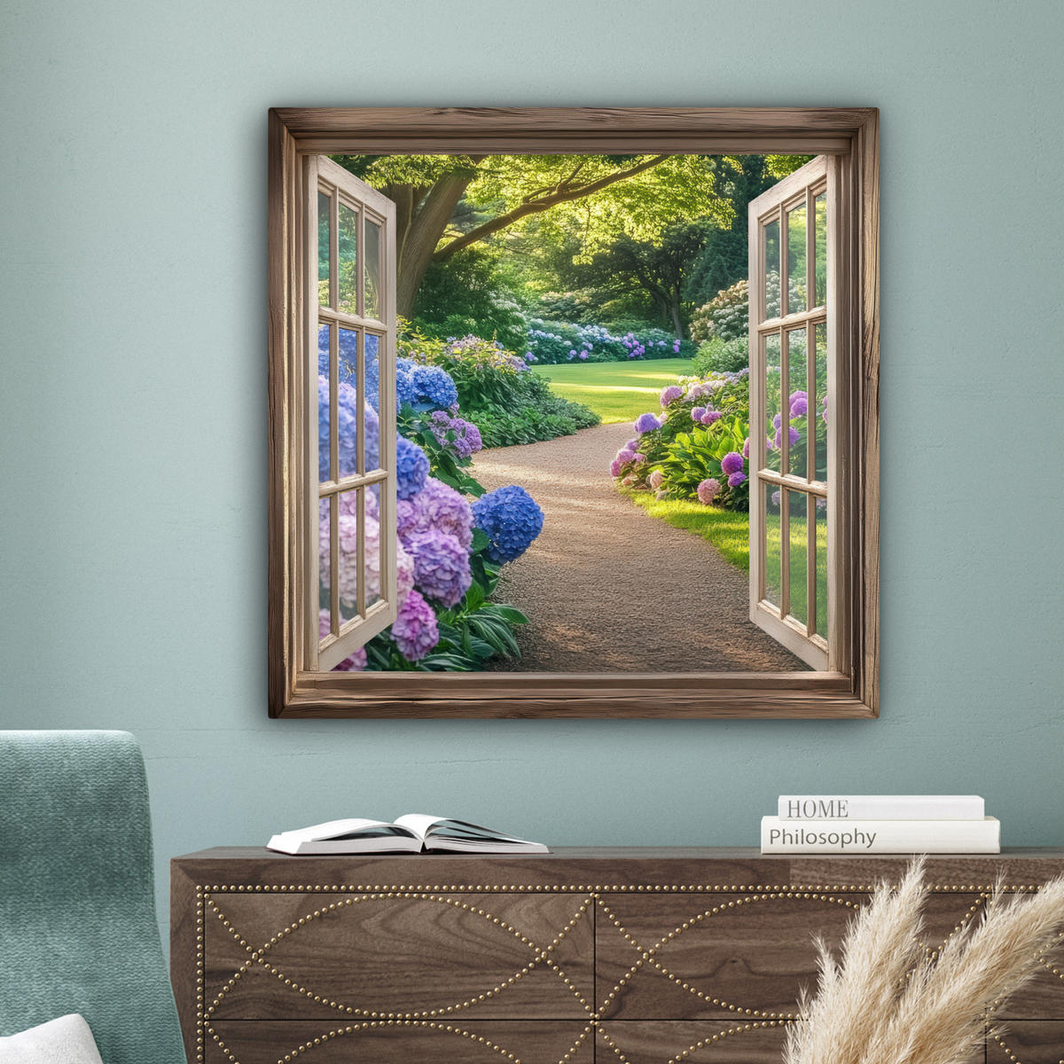 LEINWANDBILD Aussicht - Garten - Fenster - Hortensie - Blumen 90x90 cm - Pastellblau, Textil (90/90cm) - MuchoWow