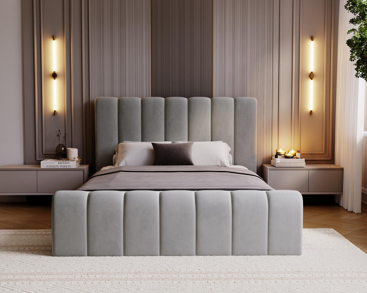 DOPPELBETT 140x200 Valetta mit Bettkasten, Velvet Hellgrau - Hellgrau, Holz/Textil (140/200cm) - Emporius