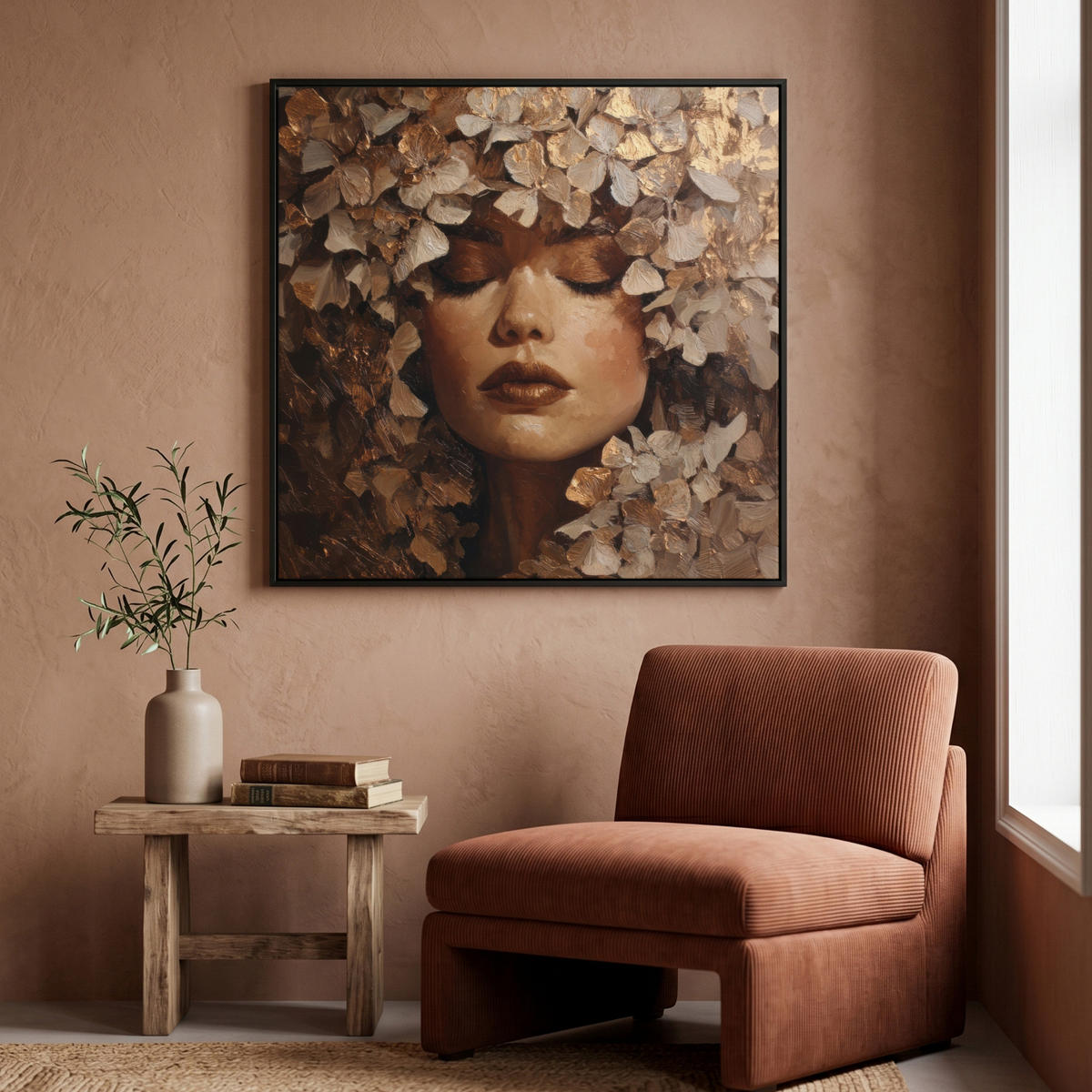 LEINWAND Bilder mit Rahmen - Gesicht - Dame - Blätter - Pinselstriche - 90x90 - Goldfarben, Textil (90/90cm) - MuchoWow