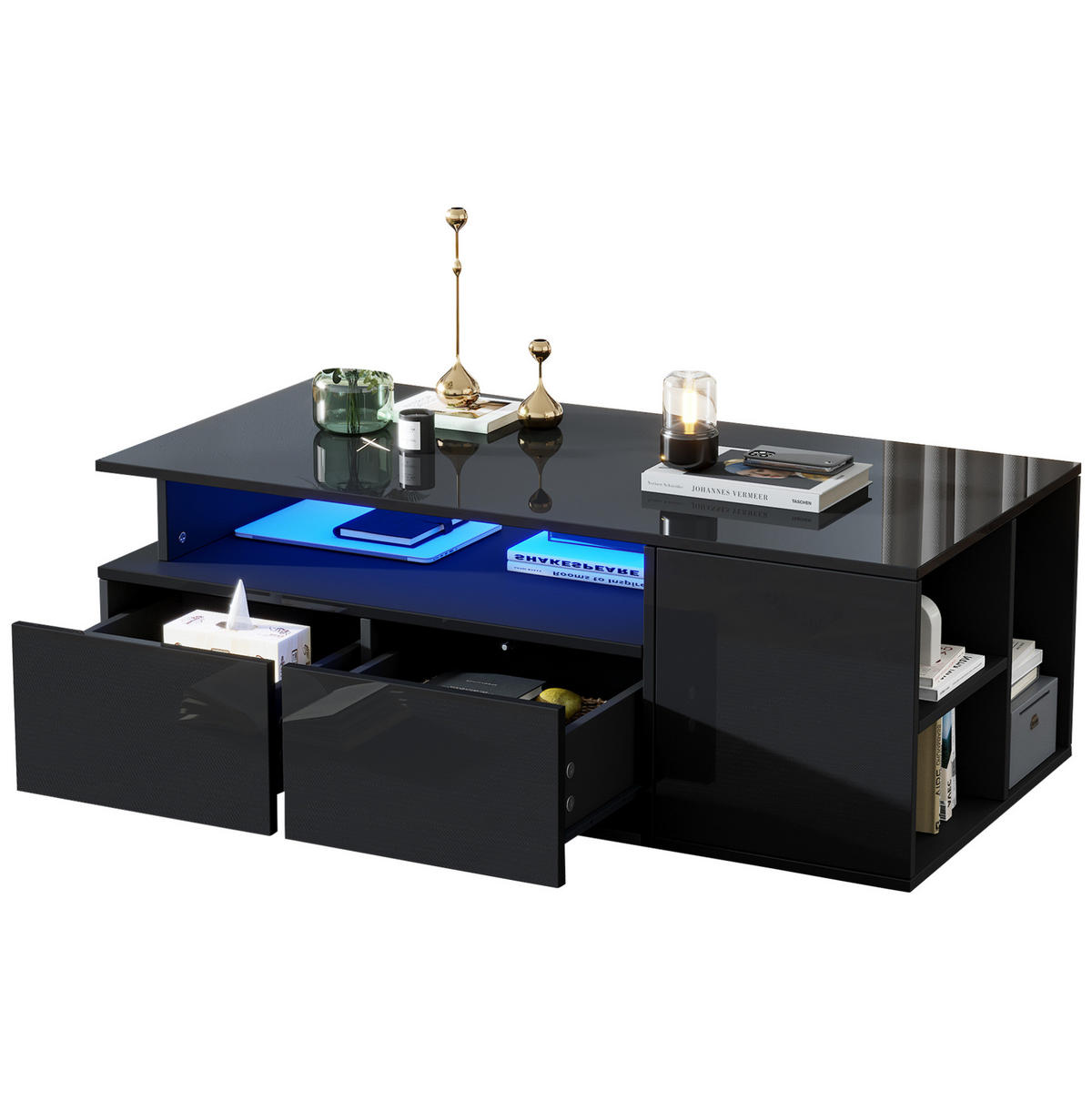 COUCHTISCH 100/50/35 cm mit LED-Beleuchtung, 2 Schubladen und 3 Ebenen in Hochglanz, Schwarz - Schwarz, Holzwerkstoff (100/50/35cm) - Redom