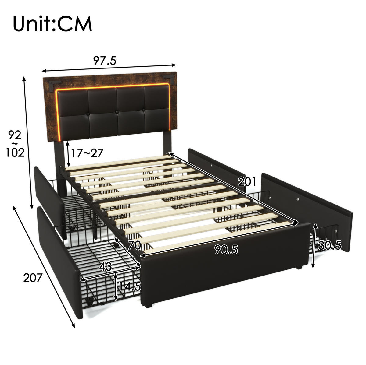 BETT mit LED und 4 Schubladen 90x200 cm PU Schwarz inkl. Matratze - Schwarz, Metall (90/200cm) - Meubliv