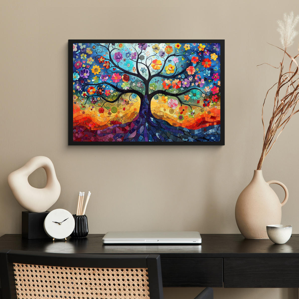 ZARÁMOVANÝ PLAGÁT Umenie - Strom života - Kvety - Hippie 60x40 cm - tmavomodrá, papier (60/40cm) - MuchoWow