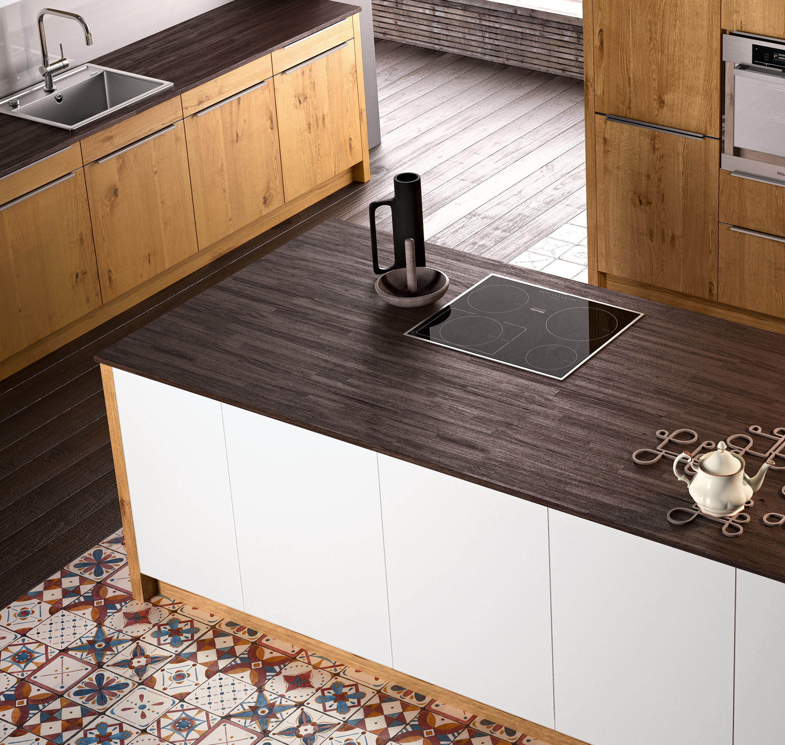 Von oben fotografierte Kücke mit Fokus auf die hochwertige Arbeitsplatte der Kochinsel, in dunklem Holzmaterial.