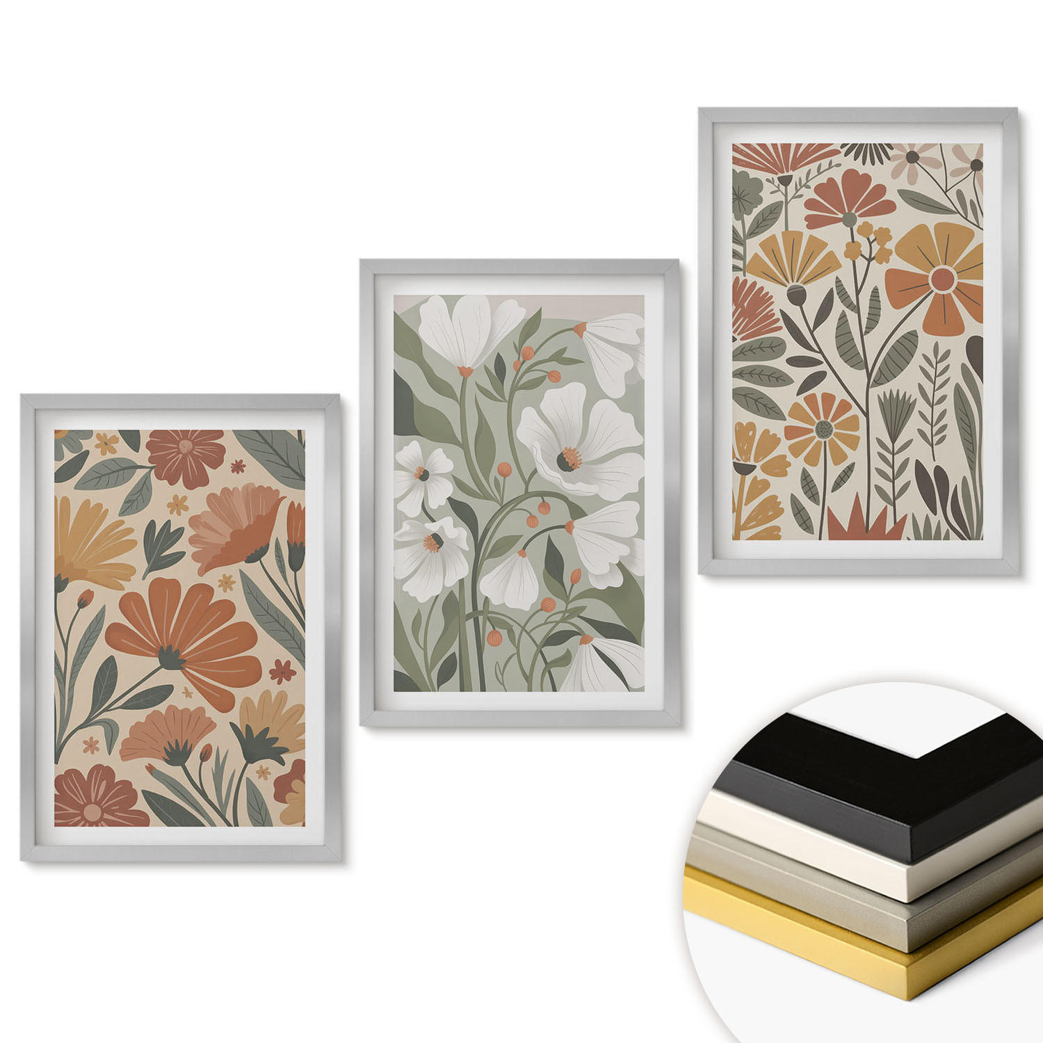 WANDBILDER 3er Set - 40x60 cm Silberner Rahmen - Blumenmuster in Orange und Grün - Silberfarben, Kunststoff (40/60cm) - ArtPrintCave