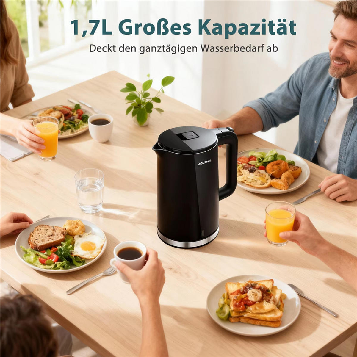 WASSERKOCHER Edelstahl 1,7L – 2200W Doppelwand Schwarz - Schwarz, Metall (1/1/1cm) - Kaket