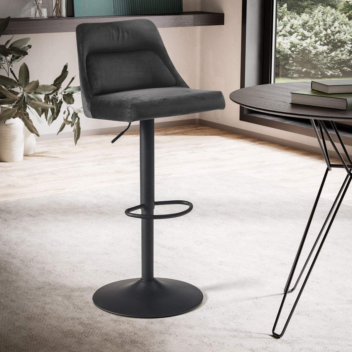 BARHOCKER Samt Lehne Höhenverstellbar Trompetenfuß Gepolstert, Grau 45x51x106 cm - Schwarz/Grau, Textil/Metall (45/106/51cm) - KADIMA DESIGN