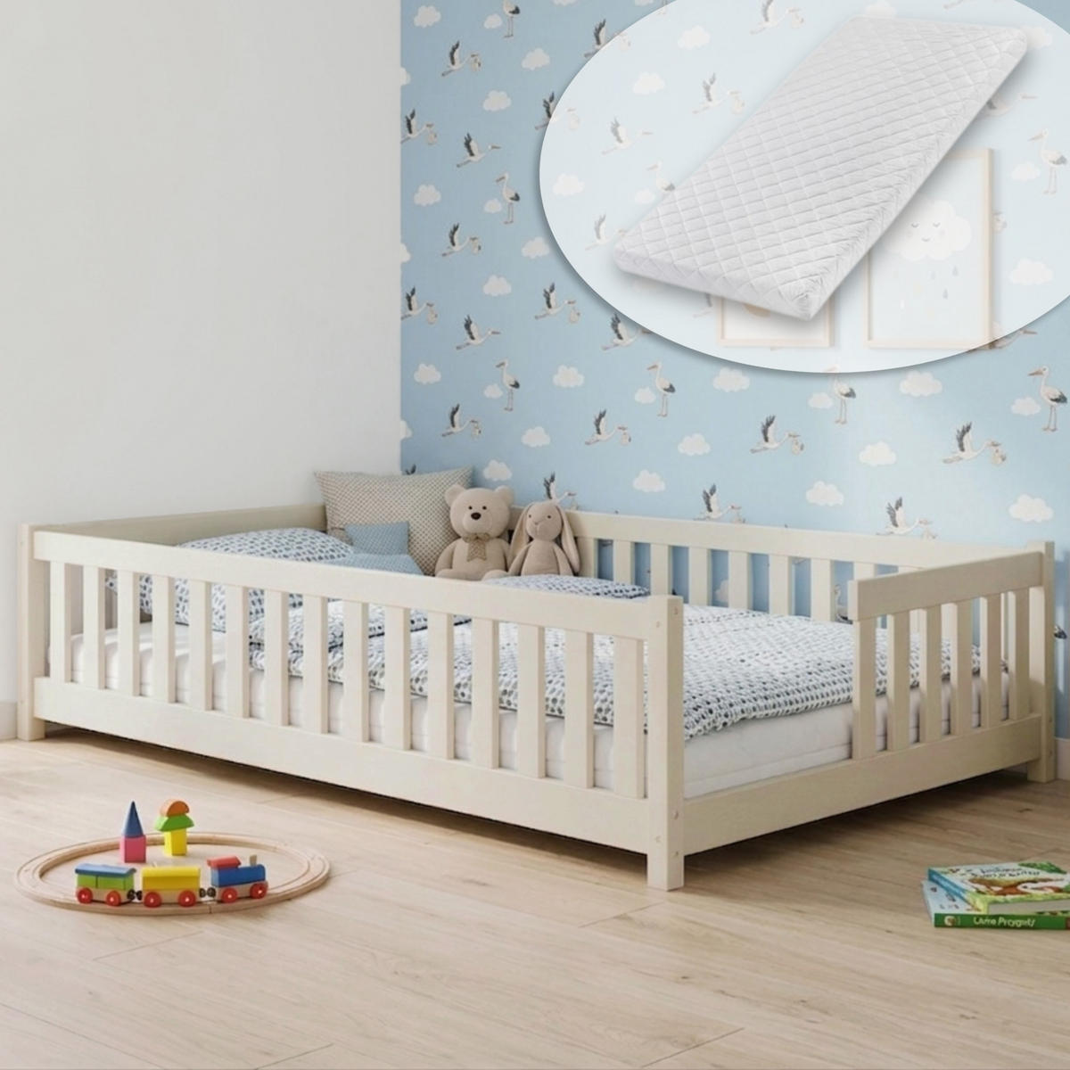 BODENBETT mit Matratze 120x200 cm in Baumwolle - Beige, Holz (120/200cm) - Kids Collective