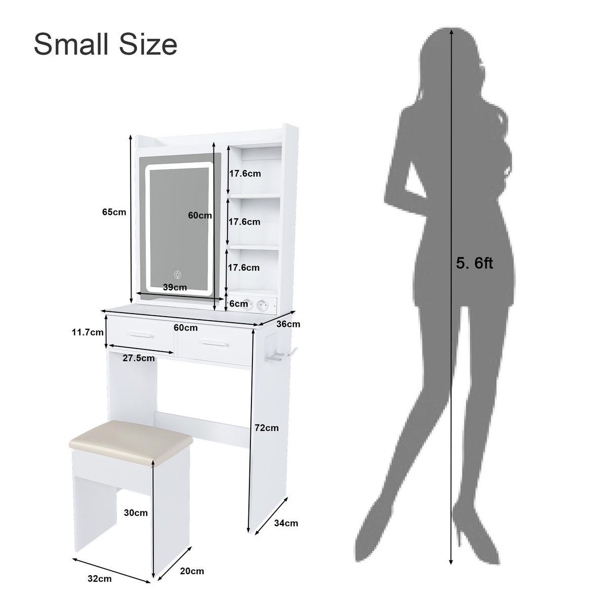SCHMINKTISCH in Weiß Frisiertisch mit Spiegel LED-Beleuchtung Steckdose Hocker verstecktem Stauraum Schlafzimmer B60/T36/H136cm - Weiß, Glas/Holzwerkstoff (60/136/36cm) - STILVORA