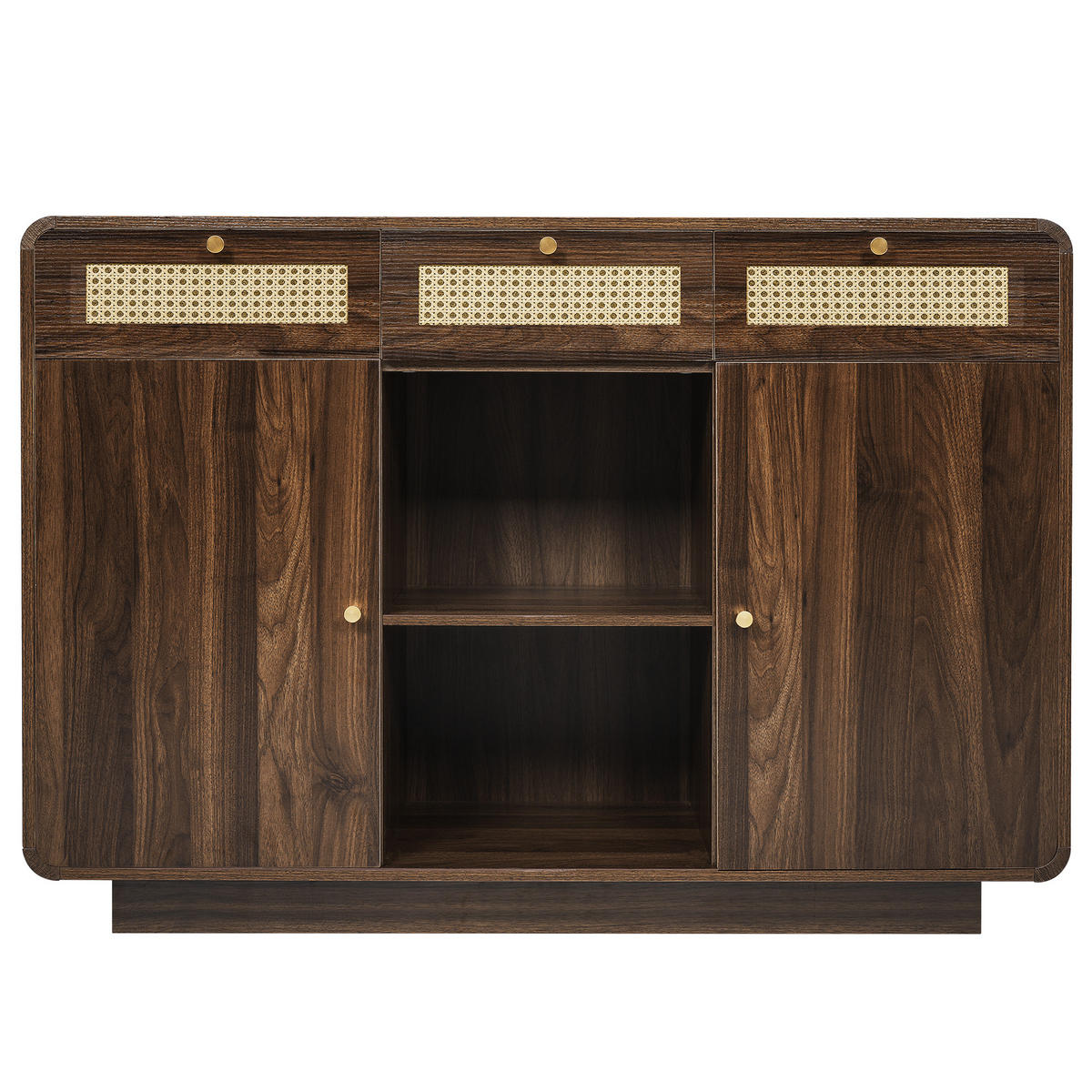 SIDEBOARD Nussbaum, Rattanfronten, Goldgriffe 3 Schubladen, 2 Schränke, Höhenverstellbare Einlegeböden - Walnussfarben, Holzwerkstoff (120/85/40cm) - Urban Meuble