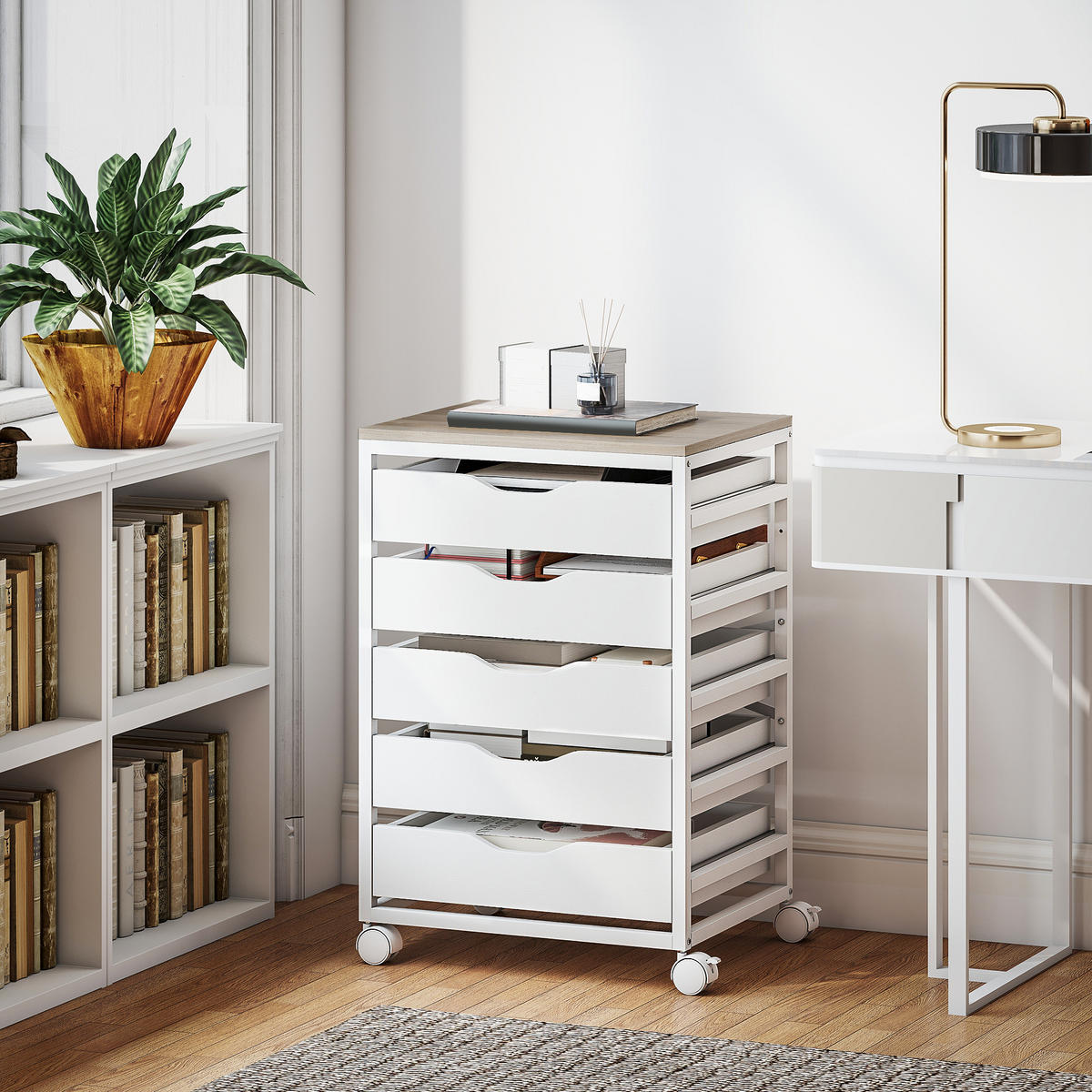 ROLLCONTAINER DE-14476 5 Schubladen mit Griffausschnitten Weiß - Weiß, Holzwerkstoff (40/74.5/50cm) - ComfortXL