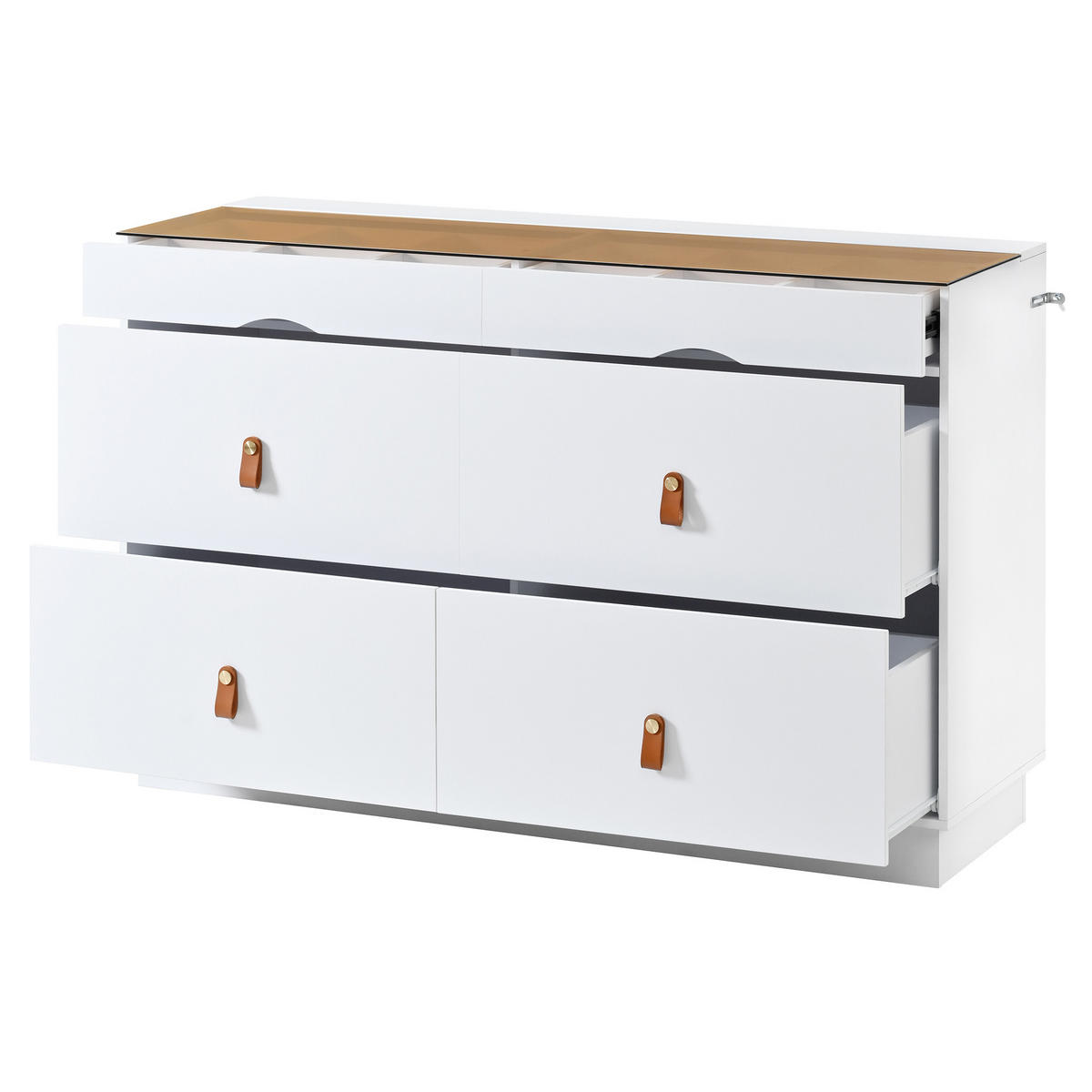 SIDEBOARD weiß mit glasplatte 120 cm, 6 schubladen & schmuckfach - Weiß, Holzwerkstoff (120/78/40cm) - Urban Meuble
