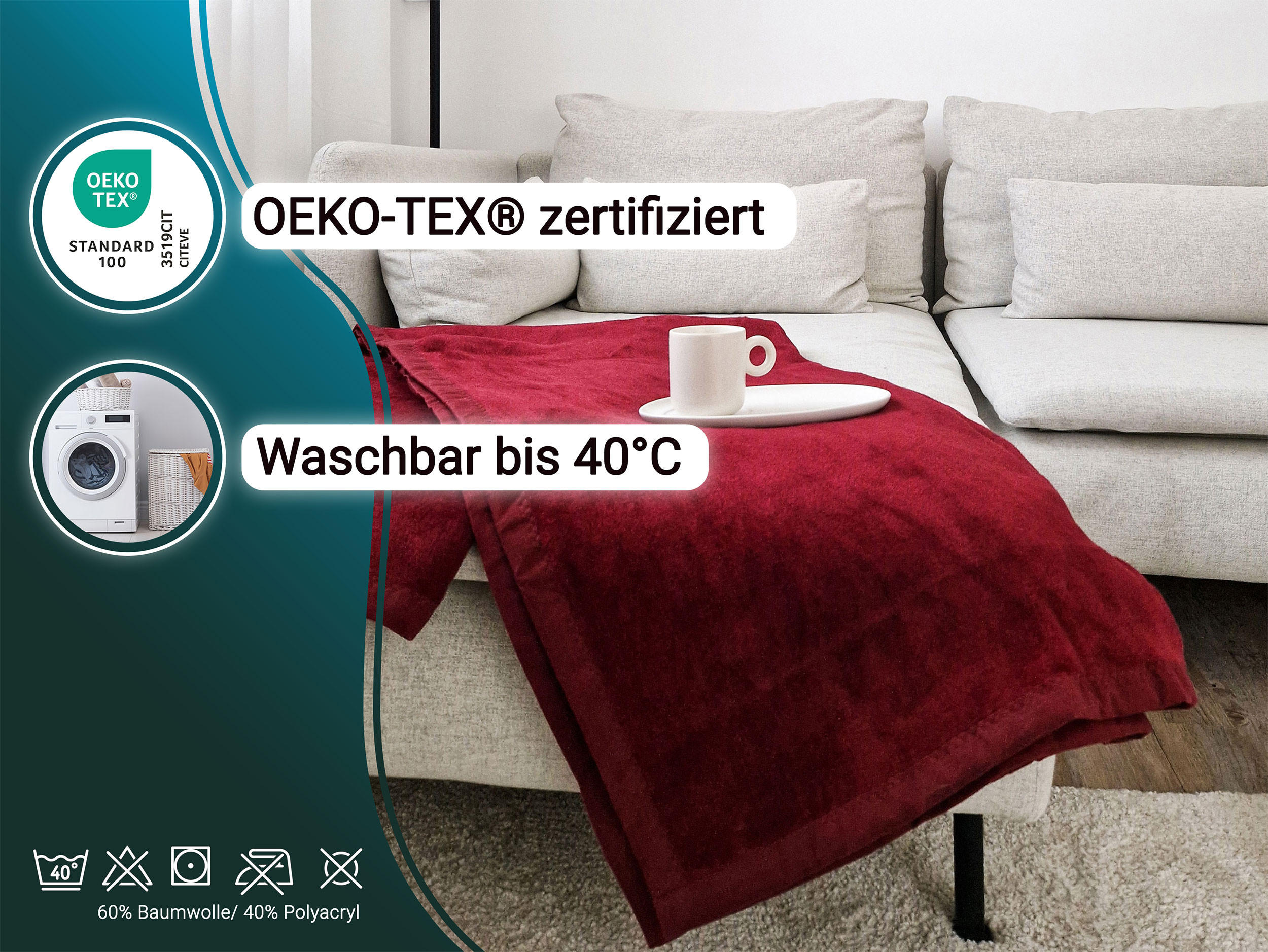 KUSCHELDECKE, 220x240 cm, 60% Baumwolle, 40% Polyacryl, Rot - Weinrot, Naturmaterialien (220/240cm) - Zollner