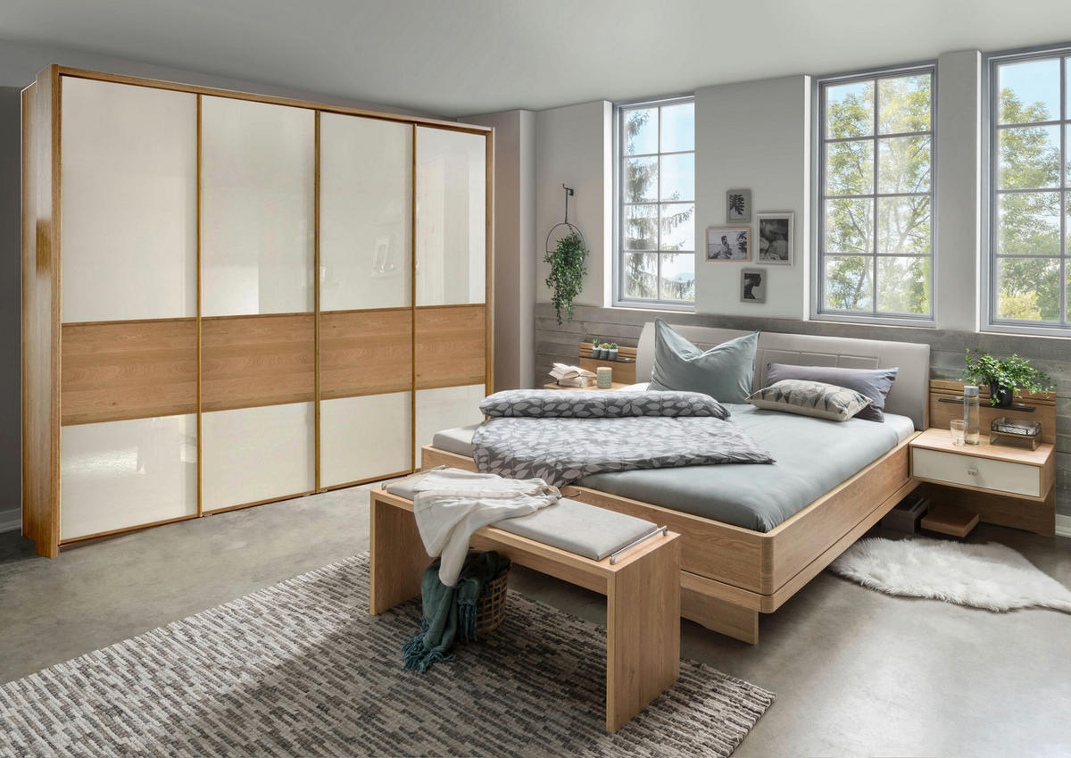 SCHLAFZIMMER Lenvara mit in Champagner 4-teilig mit Schwebetürenschrank Breite mit Spiegel, Passepartout, zwei Nachttische und Komfortbett - Braun, Holzwerkstoff (80/200/120cm)