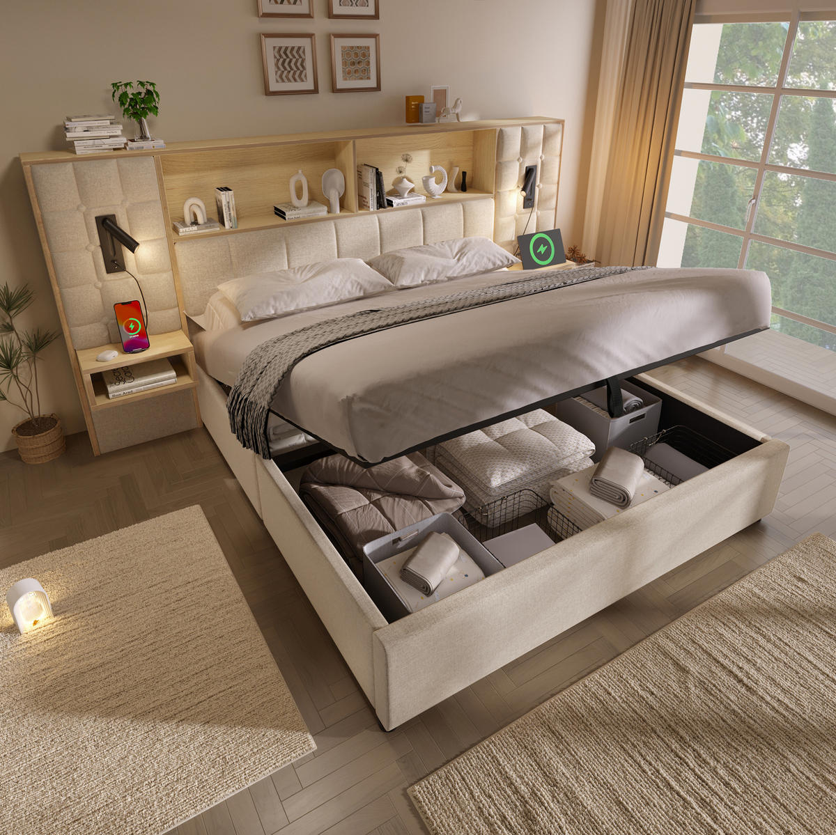 BETT mit Stauraum 160x200 cm Leinen Beige mit Nachttischen - Beige, Metall (160/200cm) - Meubliv