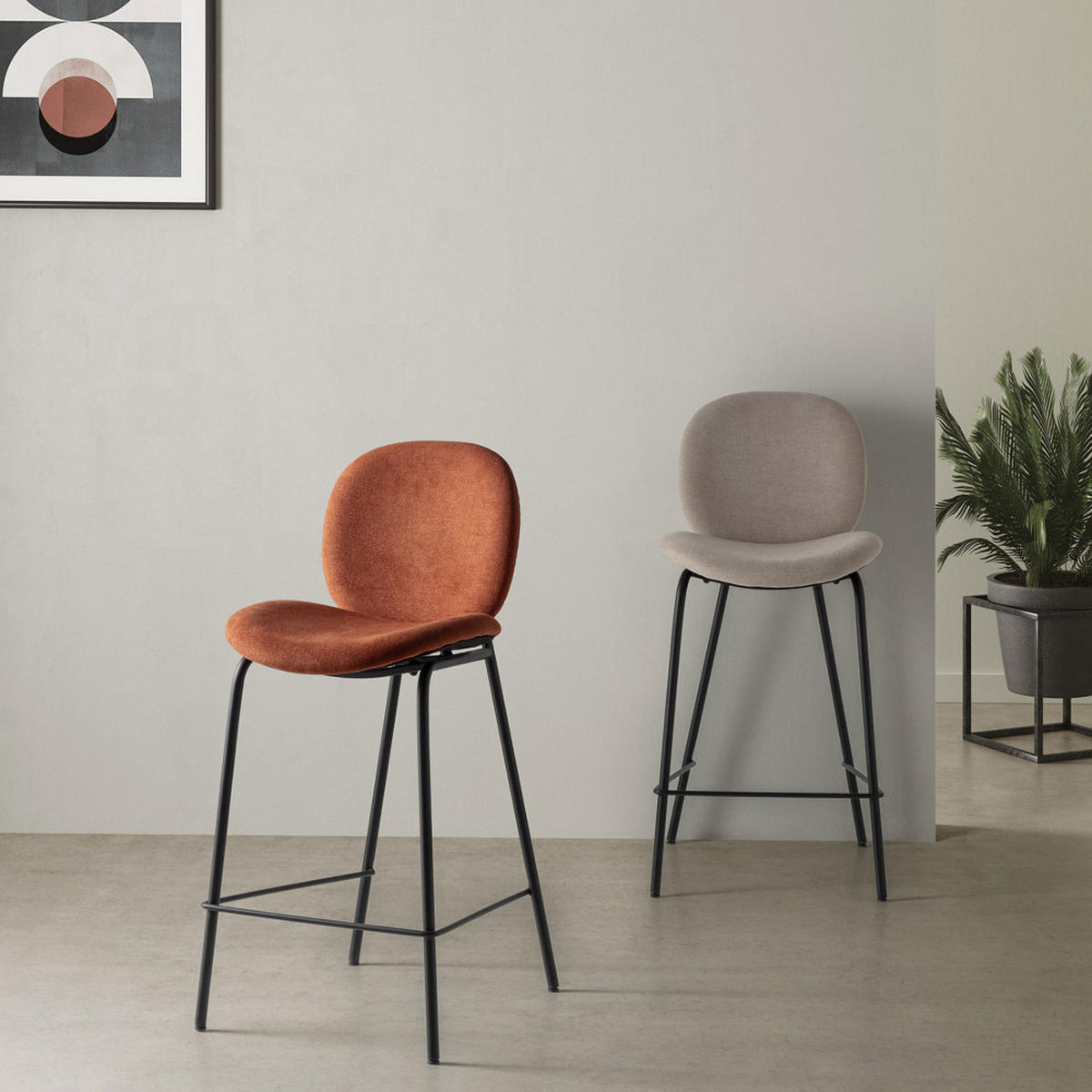 BARHOCKER (Set aus 2) aus Stoff mit schwarzen Metallbeinen - cori 43/54/66 cm - Beige, Textil (54/66/43cm) - Drawer