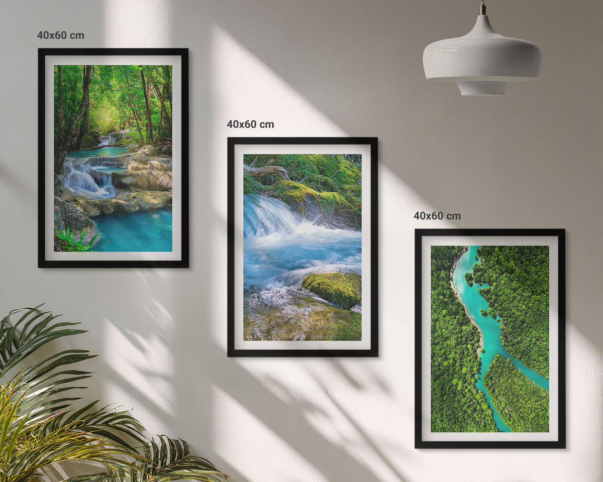 WANDBILDER 3er-Set - 40x60 cm Schwarzer Rahmen - Grüne Wälder, kristallklares Wasser - Schwarz, Kunststoff (40/60cm) - ArtPrintCave