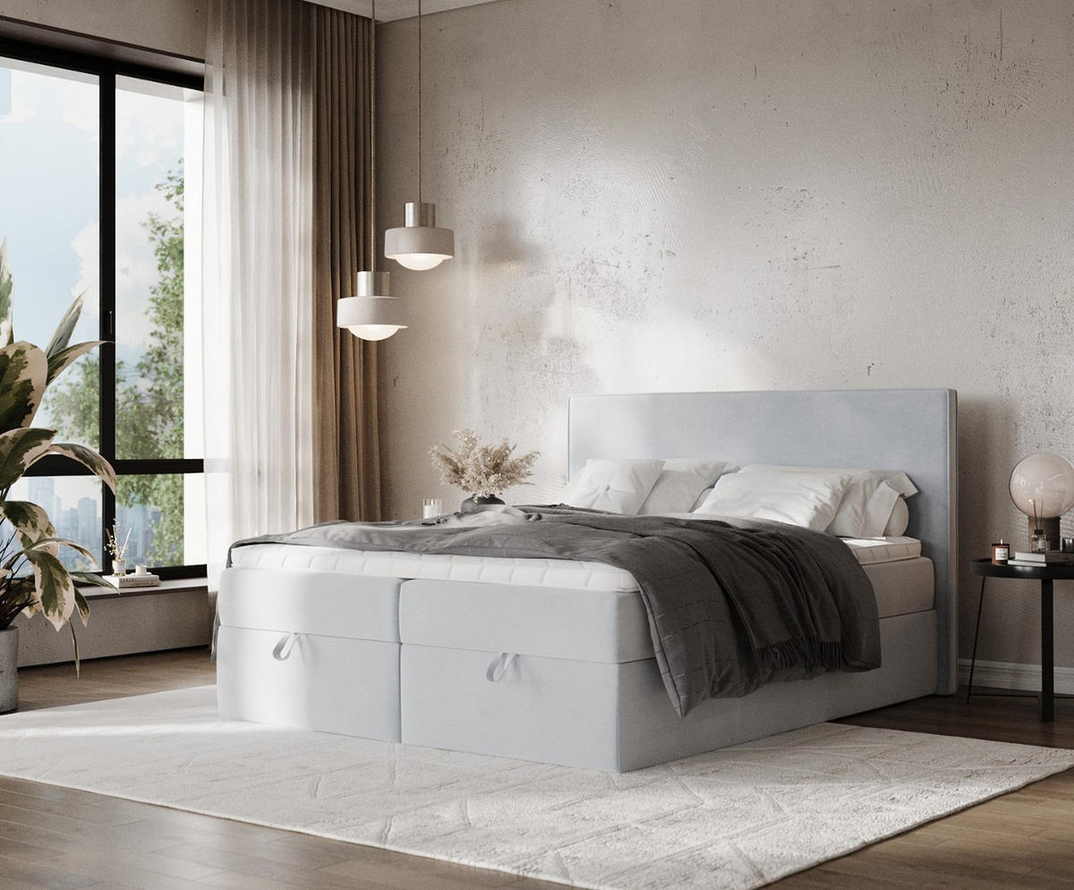 BOXBETT Velma 160/200 cm Hellgrau im Paros Stoff - Hellgrau/Schwarz, Holz/Holzwerkstoff (160/200cm) - AltaBeds