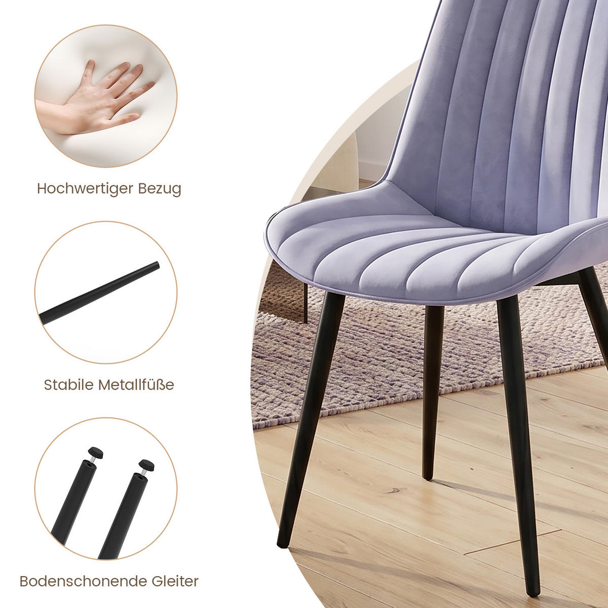 STUHL-SET 4 Stück Samt-YZ1 - Hellgrau, Textil/Metall (62.5/88/53cm) - HOMAVO