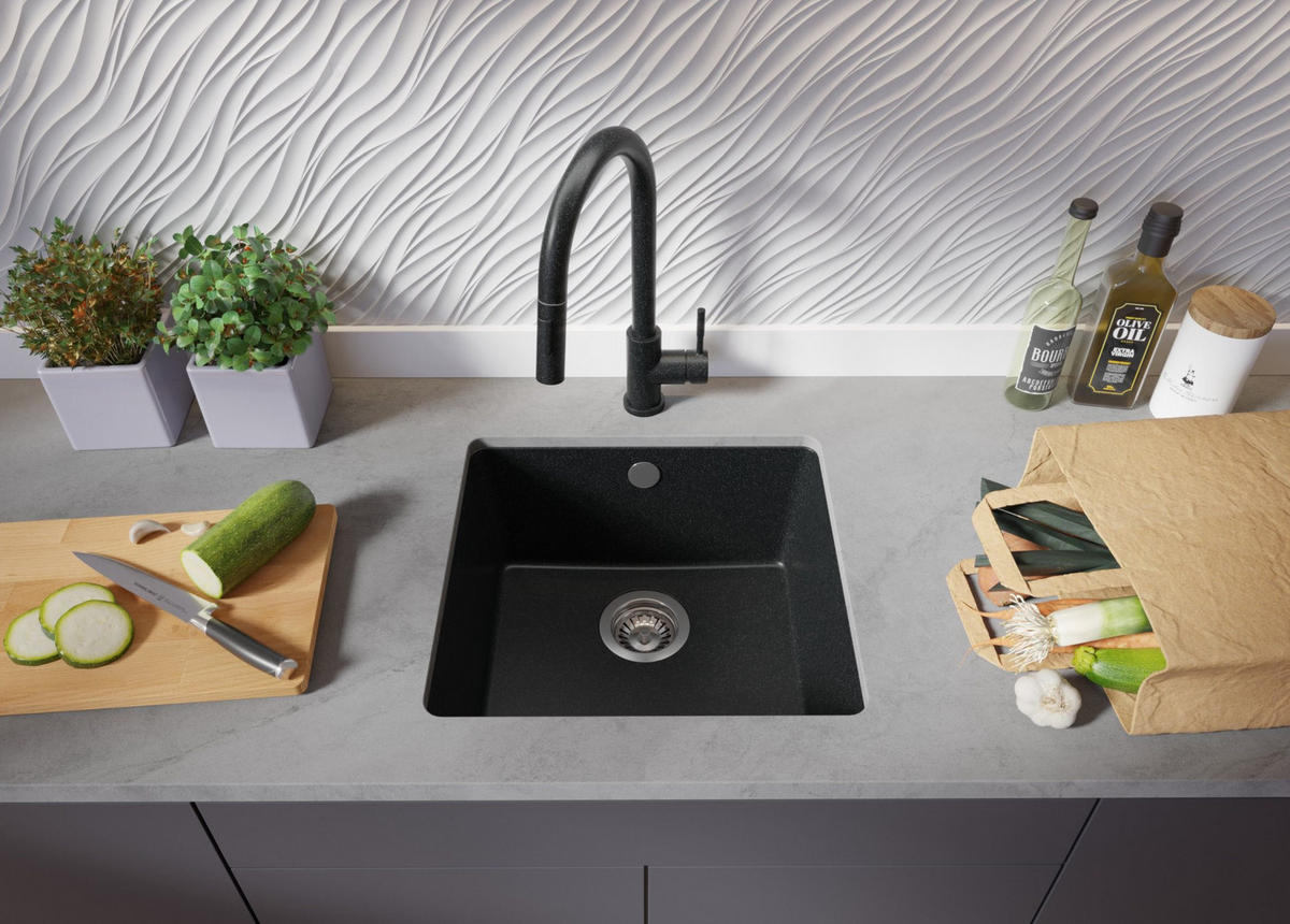 UNTERBAUSPÜLE GRANIT Venedig Easy, 2-er set Anthrazit 46/44 cm 1 Becken + Ablauf-Set ab 50er Unterschrank - Chromfarben/Anthrazit, Kunststoff (46/20/44cm) - Primagran