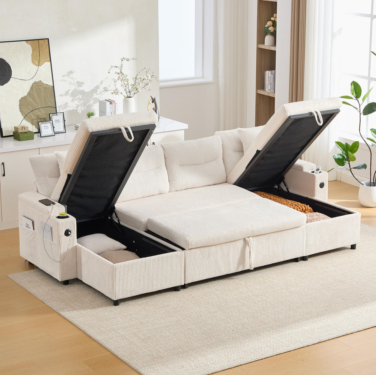 ECKSOFA 4-Sitzer Cord mit Stauraum und USB-Anschluss Schlaffunktion 272/136/86 cm Beige - Beige, Textil (136/86/272cm) - Redom