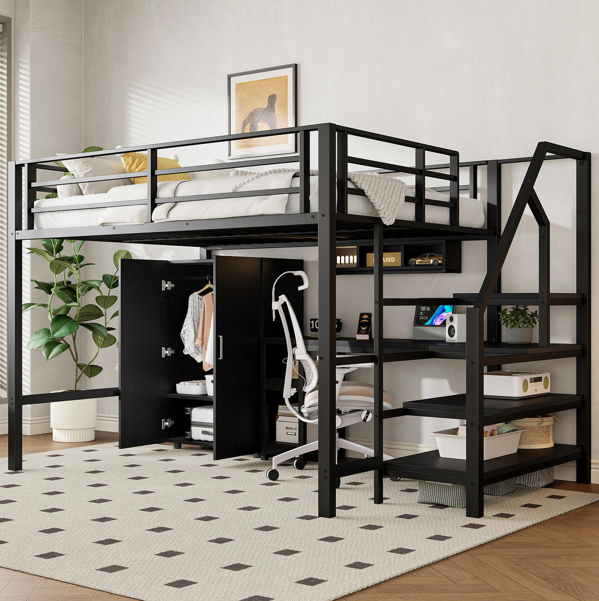 HOCHBETT 140/200 cm Schwarz mit Kleiderschrank und Schreibtisch ohne Matratze - Schwarz, Metall (140/200cm) - MIVRAY