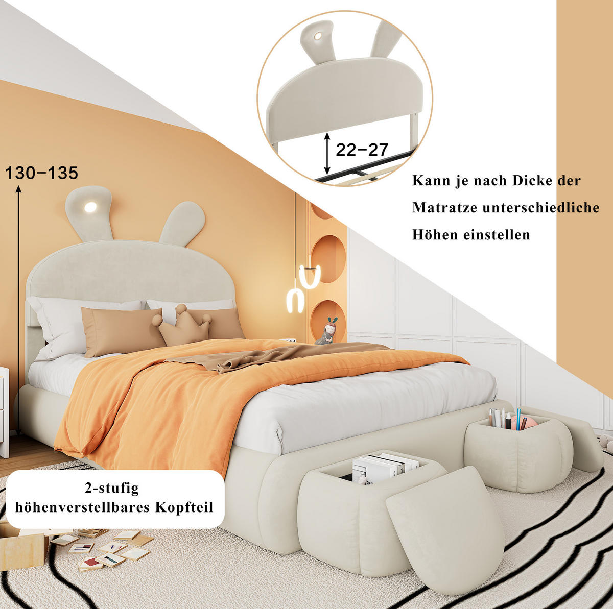 POLSTERBETT 140/200 cm Beige aus Samt mit Stauraum - Weiß, Textil (140/200cm) - OKMYHOME