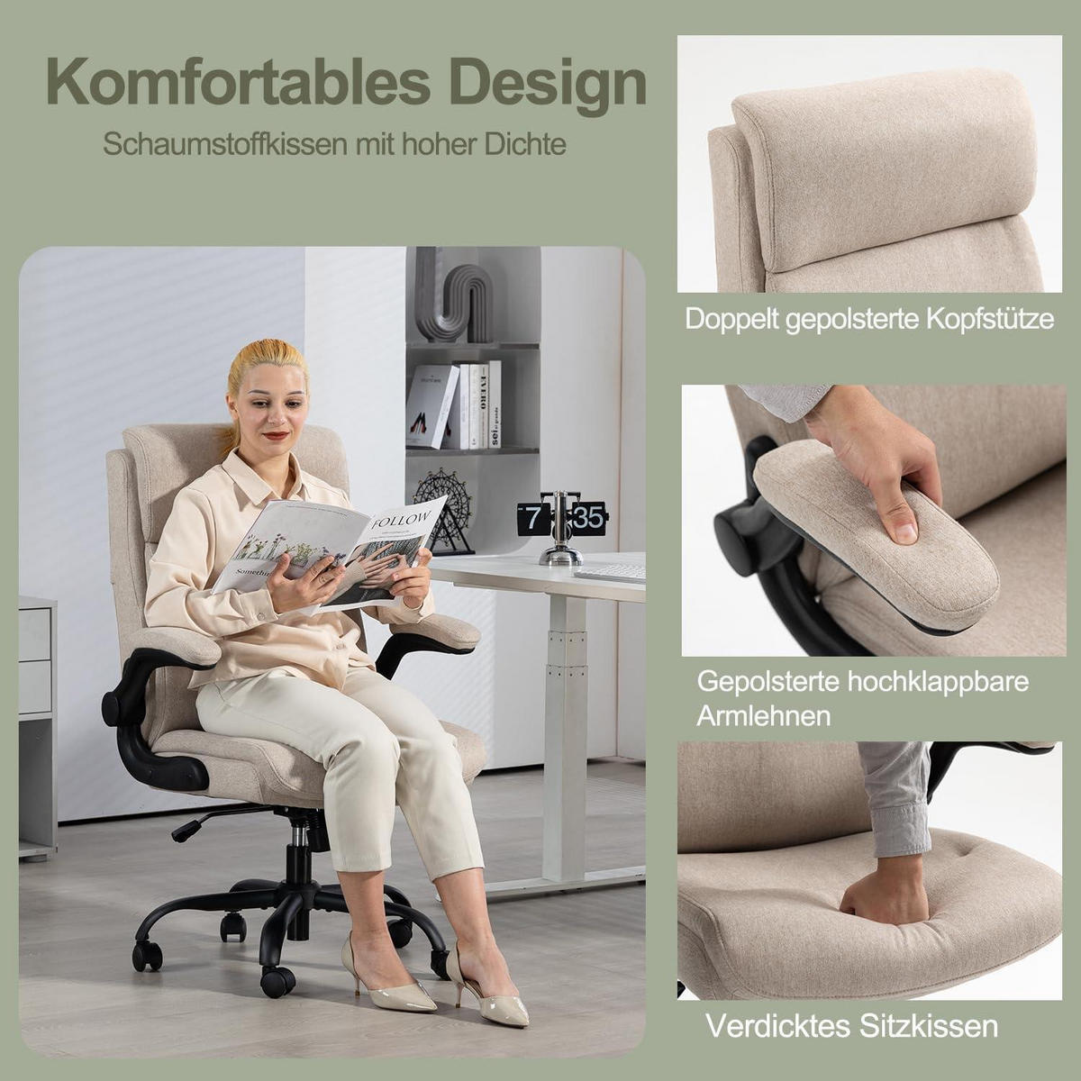 BÜROSTUHL mit hoher Rückenlehne und hochklappbaren Armlehnen Stoff Beige - Beige, Textil (68/113/70cm)