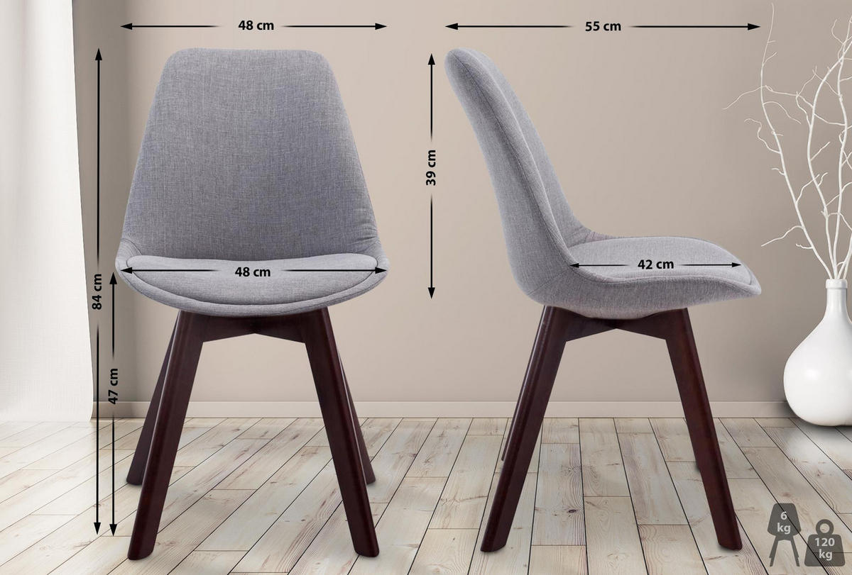 STUHL Stoff grau - Walnussfarben/Grau, Holz/Textil (48/84/55cm) - CLP