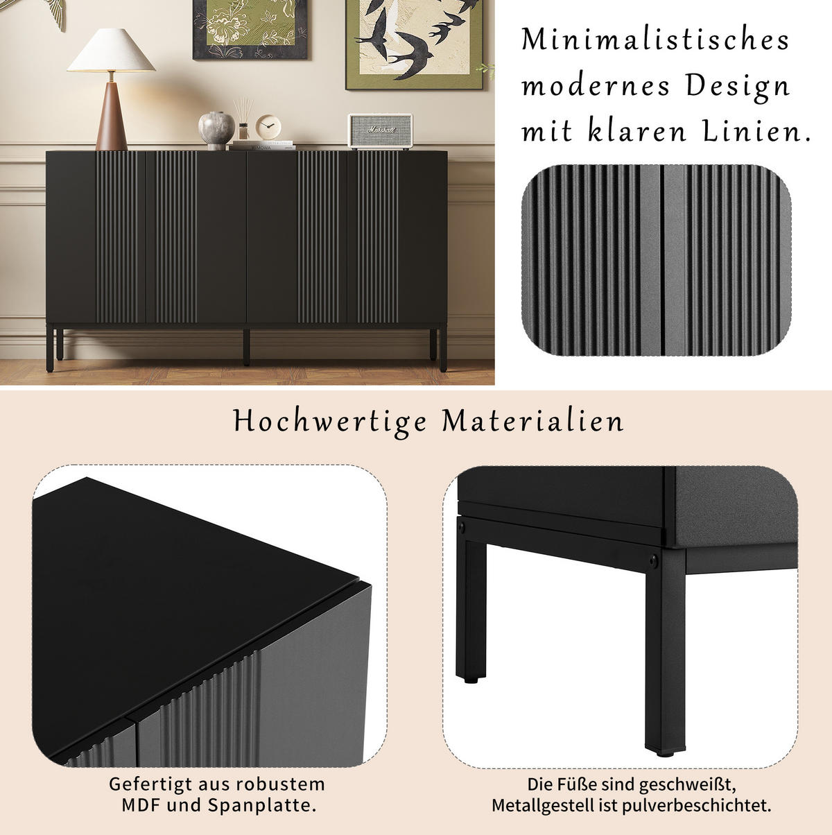 KOMODA MDF 36/61,5 cm černá, bez úchytek - černá, kompozitní dřevo (145/80/41.5cm) - BEAOK