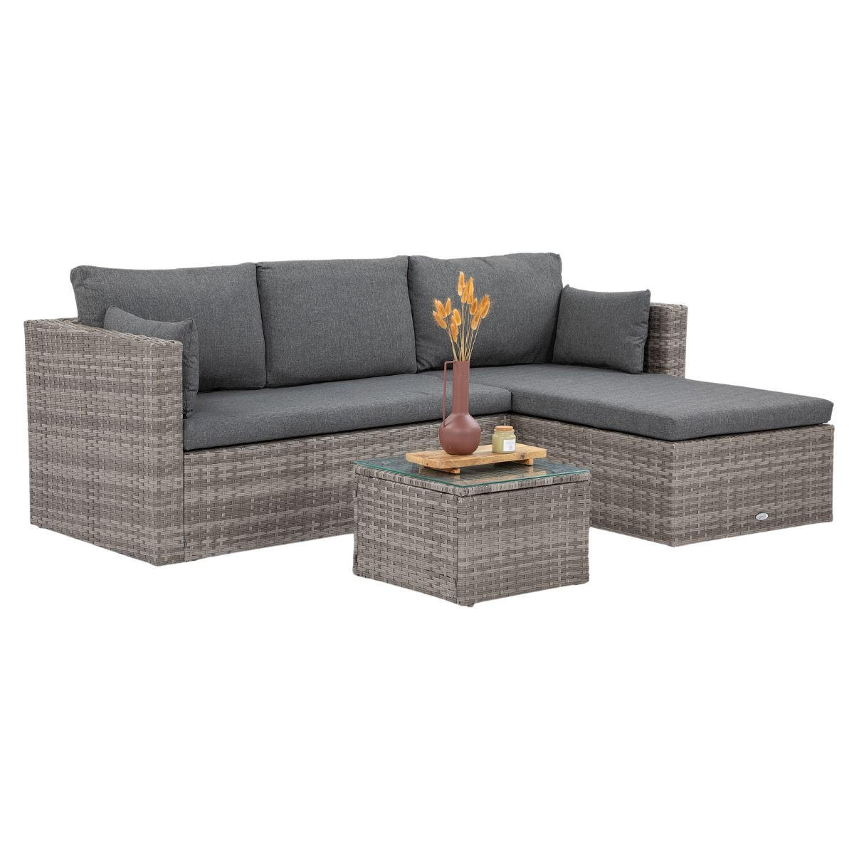 GARTENSET Sevilla, aus Technorattan, Ecksofa mit Couchtisch, Grau - Grau, Kunststoff - Beautysofa