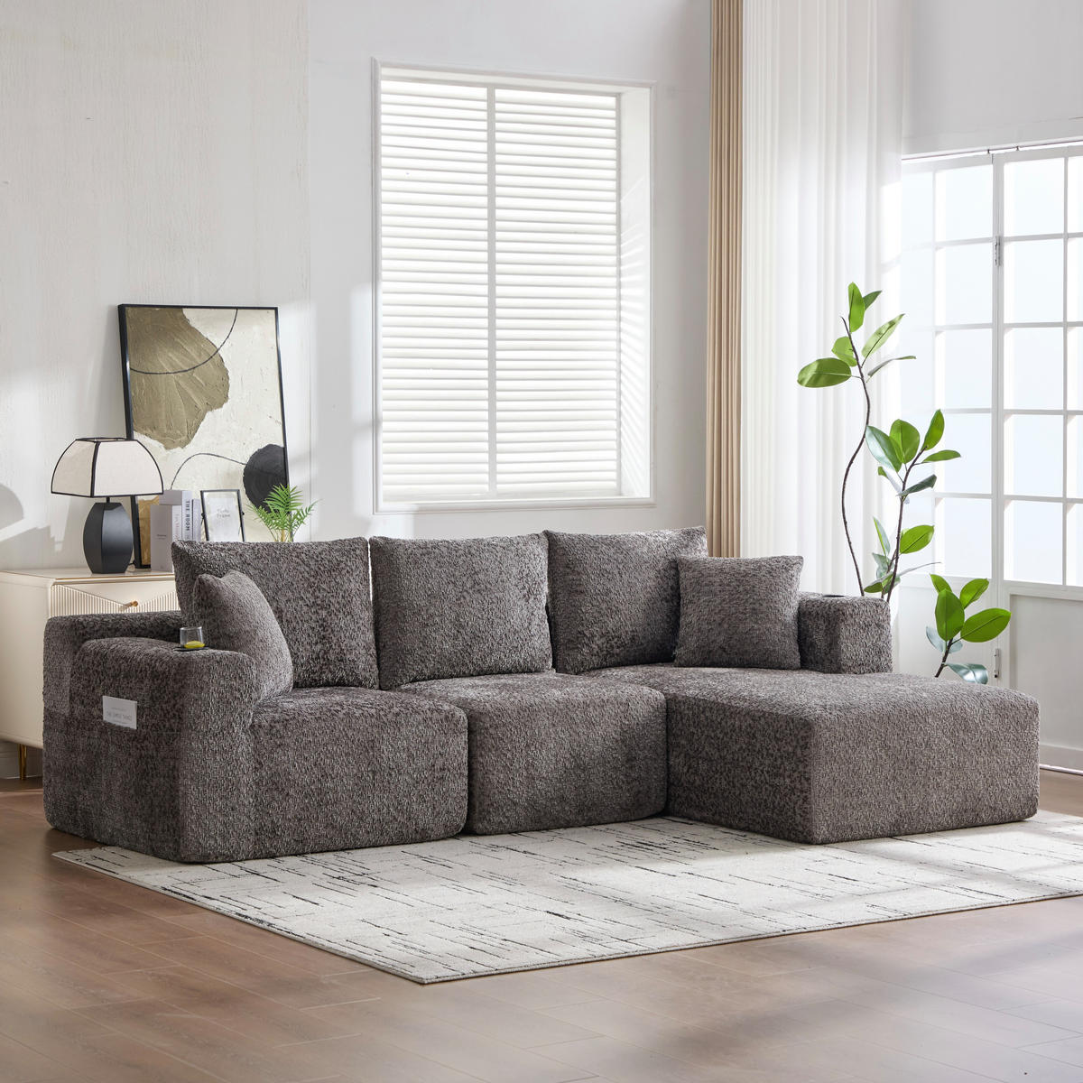 ECKSOFA 261/165/80,5 cm dunkelgrau aus Chenille ohne Montage - Dunkelgrau, Textil (261/165cm) - OKWISH