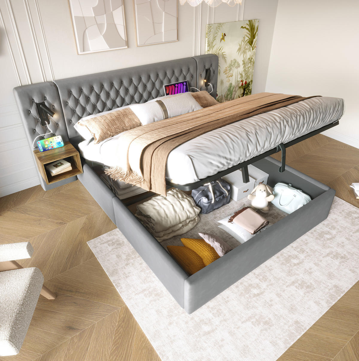 BETT mit Stauraum 160x200 cm Samt Grau mit 2 Nachttischen, 3-tlg. - Grau, Metall (160/200cm) - Beauniv