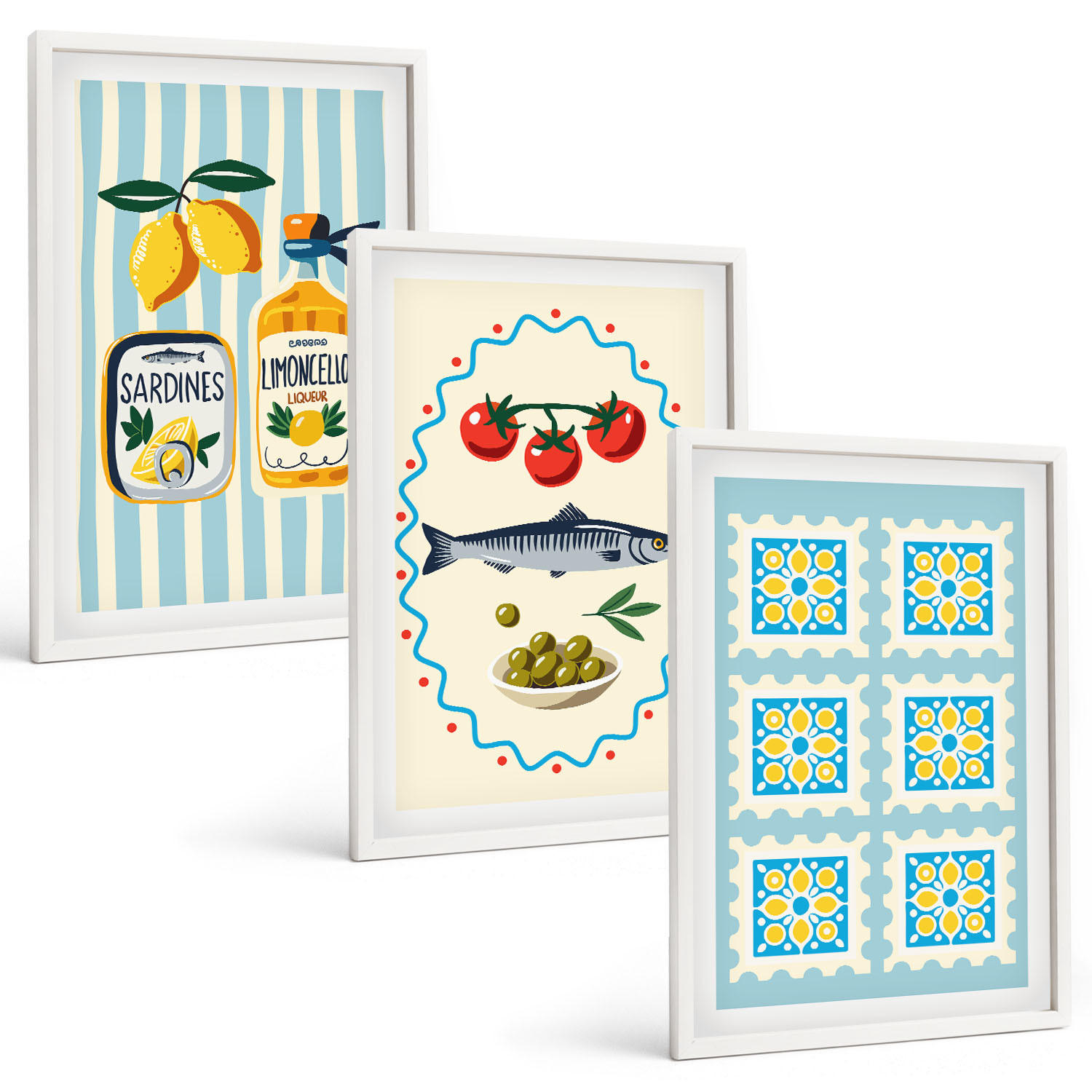 BILDER SET 3er Set - 40x60 cm Weißer Rahmen - Illustrationen von Küchen im mediterranen Stil - Weiß, Kunststoff (40/60cm) - TULUP