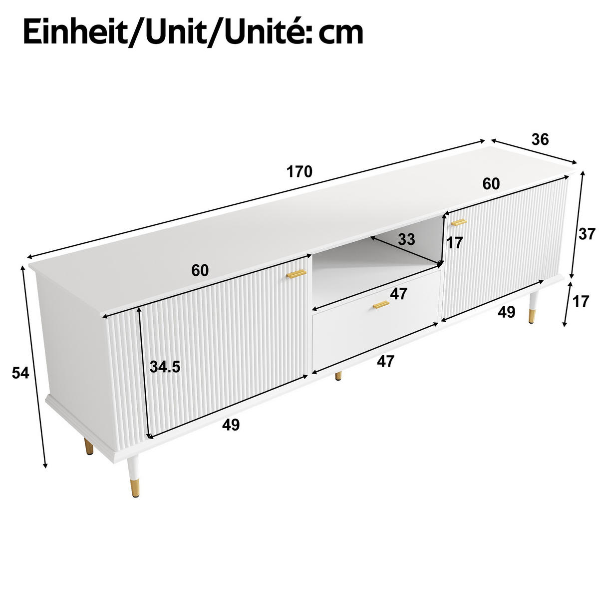 TV-SCHRANK mit 2 Türen und Schublade 170 cm MDF Weiß - Weiß, Holzwerkstoff (36/54/170cm) - Beauniv