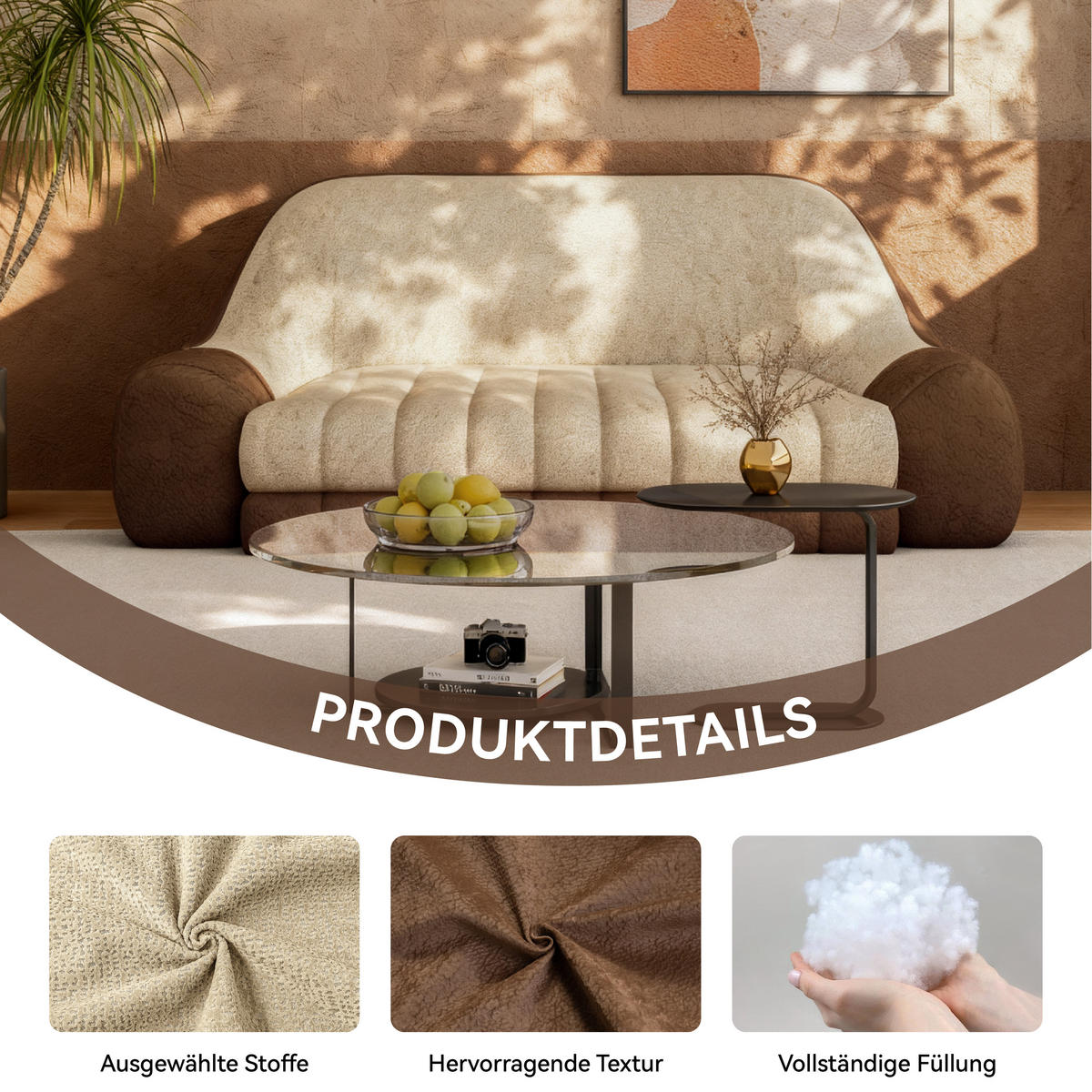 BODENSOFA 198cm Beige - Beige/Braun, Textil (198/78/118cm) - Vercart