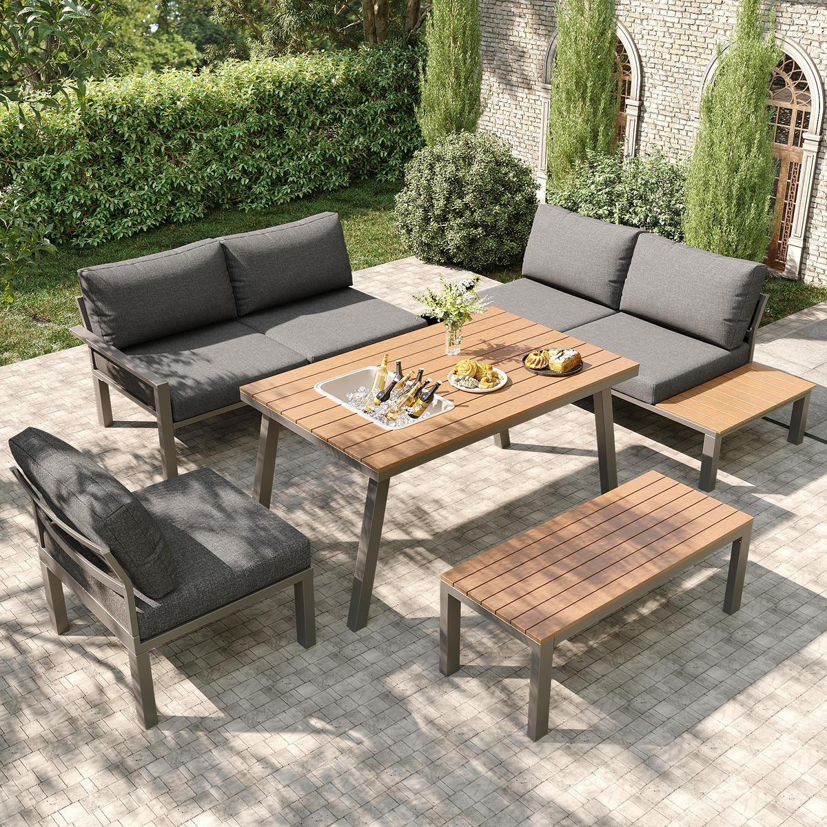 GARTENLOUNGE-SET Sitzgruppe für 6-7 Personen Gartenmöbel-Set Tischplatte mit Eiskübel - Grau, Textil/Metall - STILVORA