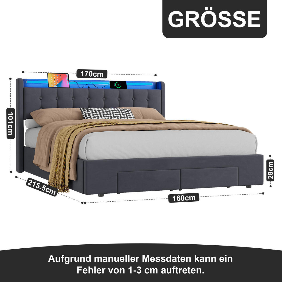 ČALOUNĚNÁ POSTEL 160/200 cm s matrací, zásuvkou a úložným prostorem, se zásuvkami - šedá, kov/kompozitní dřevo (160/200cm) - STILVORA