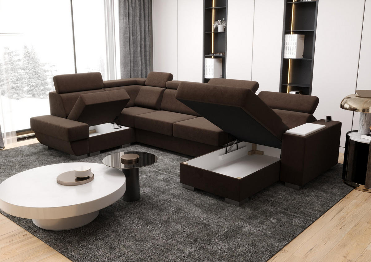 WOHNLANDSCHAFT KONGO RBN20, Eckcouch in U-Form mit Schlaffunktion, Farbe: Gelb, Velourstoff, Ottomane Rechts - Gelb, Textil (340/103/200cm) - O-Sofa