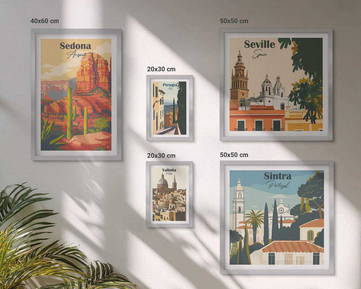 BILDER SET 5er Set - 50x50 cm & 20x30 cm & 40x60 cm Silberner Rahmen - Illustrationen von Küstenstädten - Silberfarben, Kunststoff (40/60cm) - TULUP