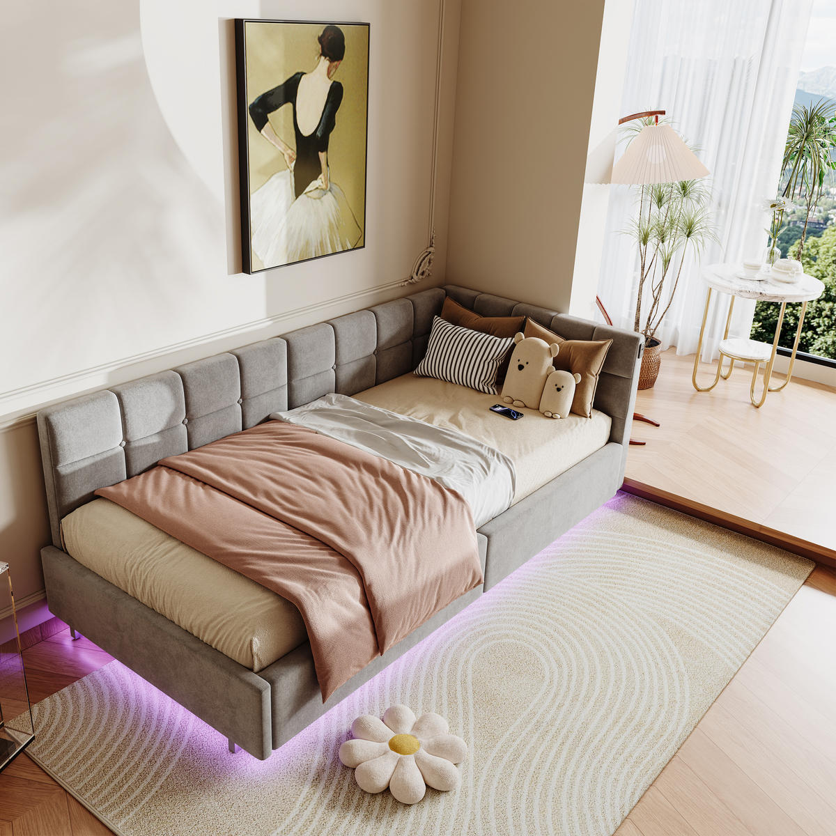 POLSTERBETT 90x200 cm Grau mit hydraulischem Stauraum, LED Beleuchtung, Eckbett mit Rückenlehne - Grau, Metall (90/200cm) - EuroLiving