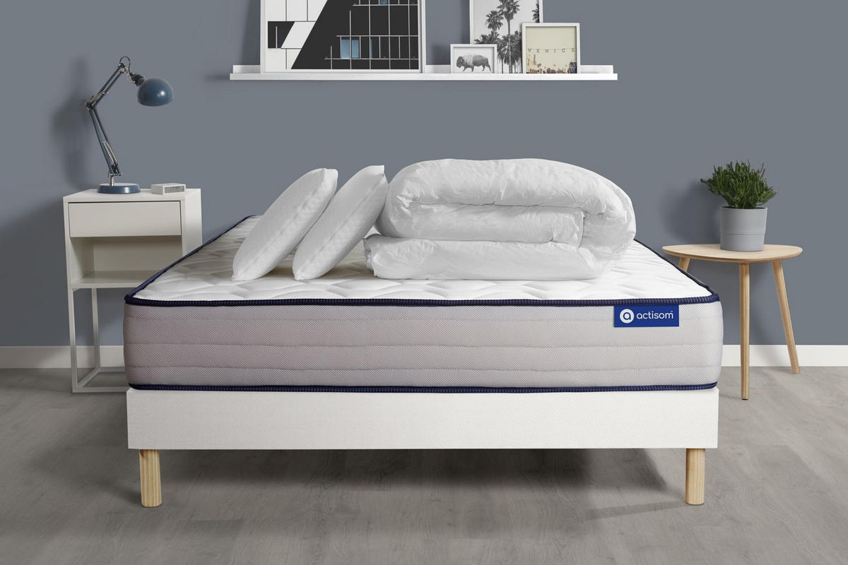 BETT Actiflex form Taschenfederkern und Memory-Schaum 140 x 200 cm h3 - Kit Bettgestell Weiß - Mit Kissen und Bettdecke - Beige/Weiß, Holz/Textil (140/200cm) - ACTISOM