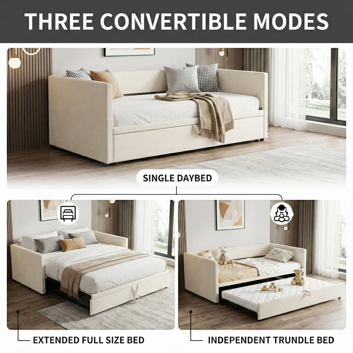 POLSTERBETT Tagesbett 90/200 cm ausziehbar auf 180/200 cm Samtoptik Beige - Beige, Textil (180/200cm) - Creahappy