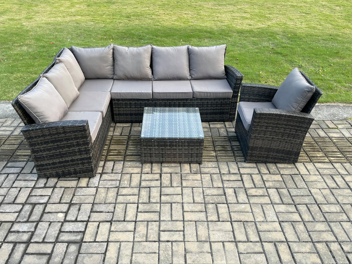 GARTENLOUNGE mit Ecksofa Polyrattan Dunkelgrau 7-Sitzer - Dunkelgrau/Grau, Glas/Kunststoff - Fimous
