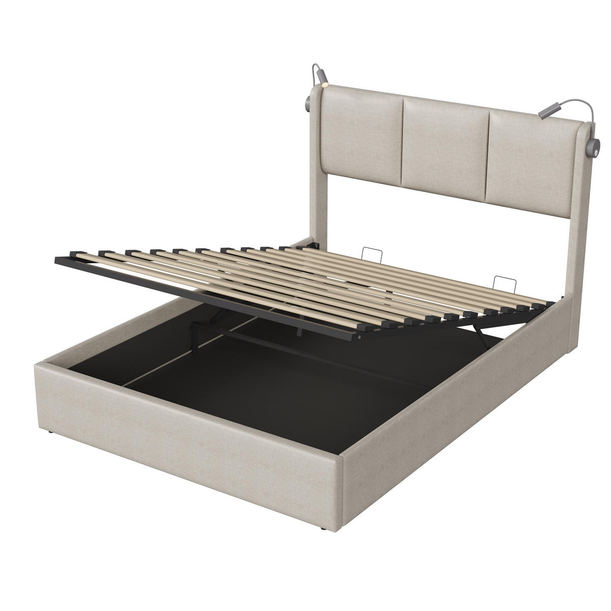 POLSTERBETT 160x200 cm LED 4 Schubladen Lattenrost Leinen beige - Beige, Holz (160/200cm) - Fortuna Lai