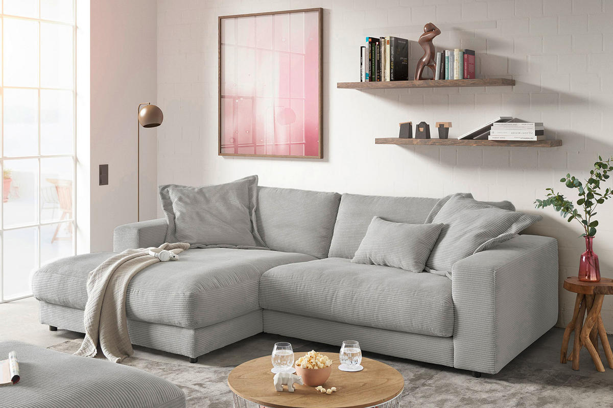 ECKSOFA MADELINE Steingrau Cord - Schwarz/Grau, Kunststoff/Textil (270/190cm) - KAWOLA