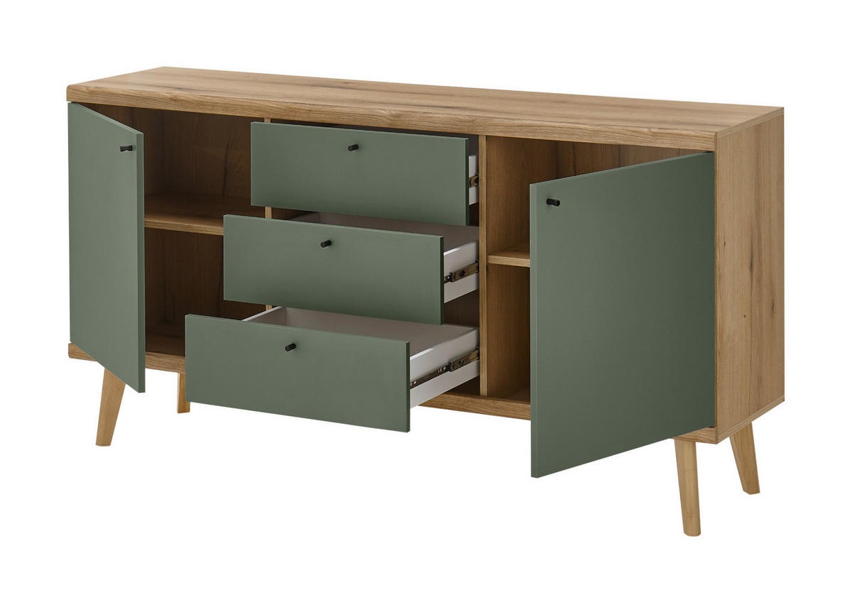 SIDEBOARD Salbei grün, Eiche Evoke, skandinavisch 160 cm, Kommode mit Vollauszug - Salbeigrün/Eichefarben, Holz/Holzwerkstoff (160/83/40cm) - Furn.Design